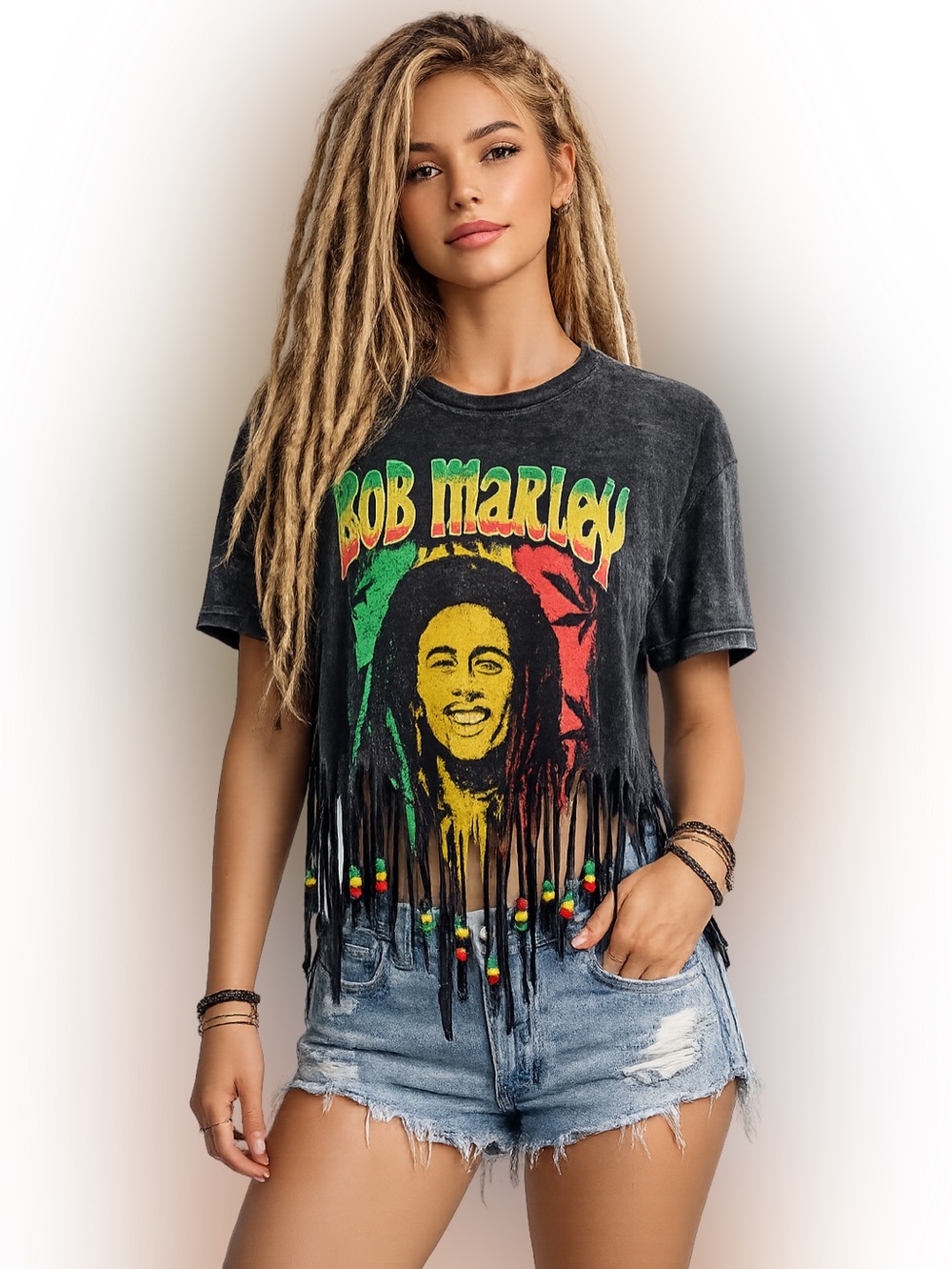 Bob Marley Black Fringe Graphic Tee with beads size M - Picture 6 of 6